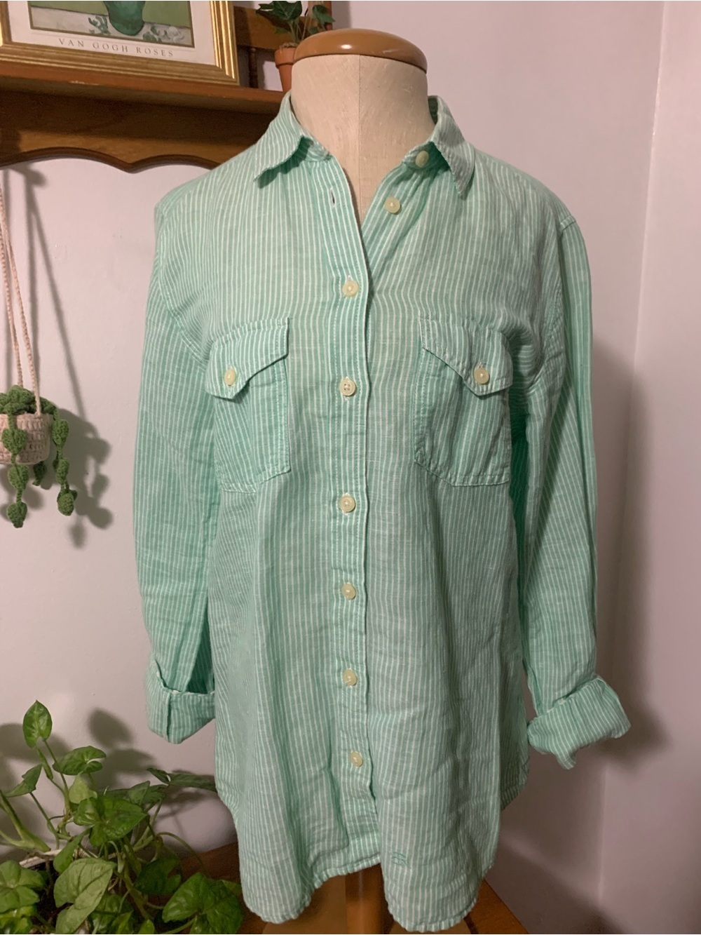 Banana Republic Soft Wash Linen Cotton Mint Green and White Pinstripe Shirt M - Picture 5 of 16